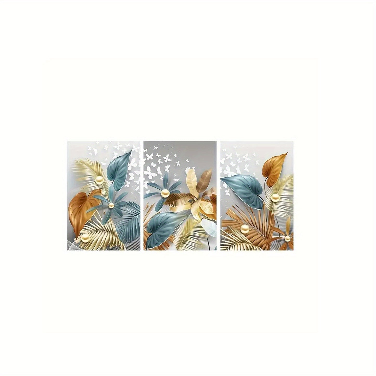 Frameless modern golden butterfly leaves canvas painting for living room decor, 3 pieces, 12x16in/30x40cm, no frame.