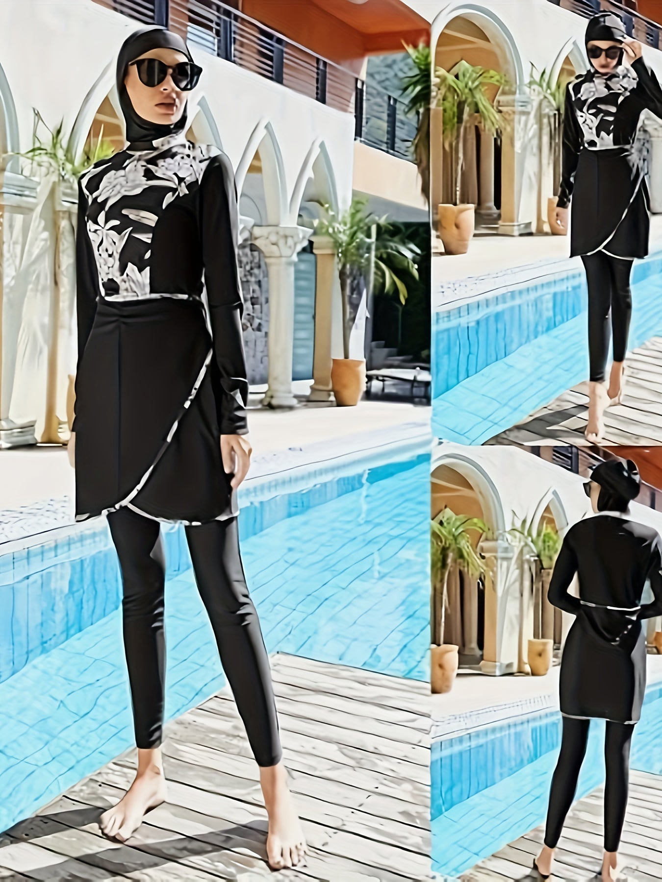 Three-piece Muslim swimsuit set offers full coverage and sun protection, ideal for conservative swimmers.