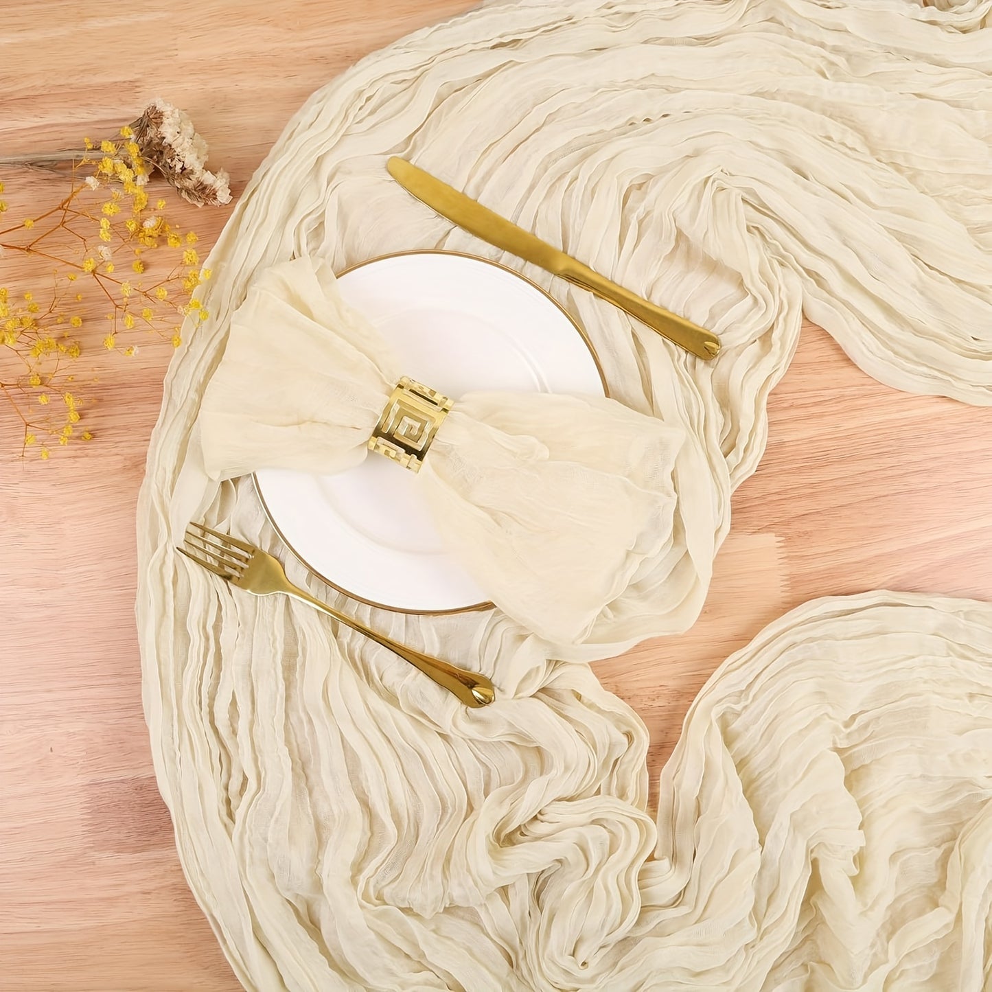 1pc Balinese pleated table runner in elegant beige fabric, ideal for holiday and wedding décor.