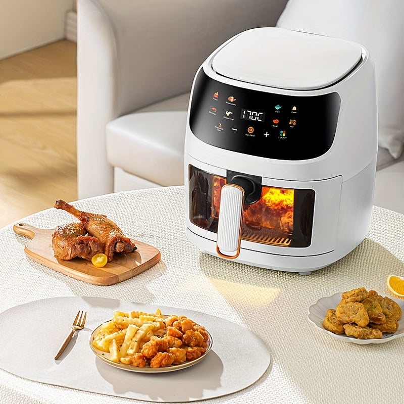 Visual air fryer with color touch screen, perfect for fries, chicken, and steak, with multiple functions for home use.