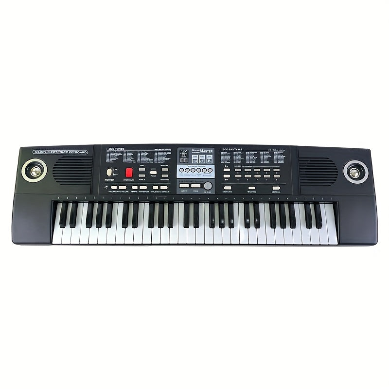 Children's electronic keyboard with microphone, 200 tones & rhythms, 50 demo songs, 5 drum/animal sounds, recording & playback, dual speakers, USB cable, battery/USB powered, educational