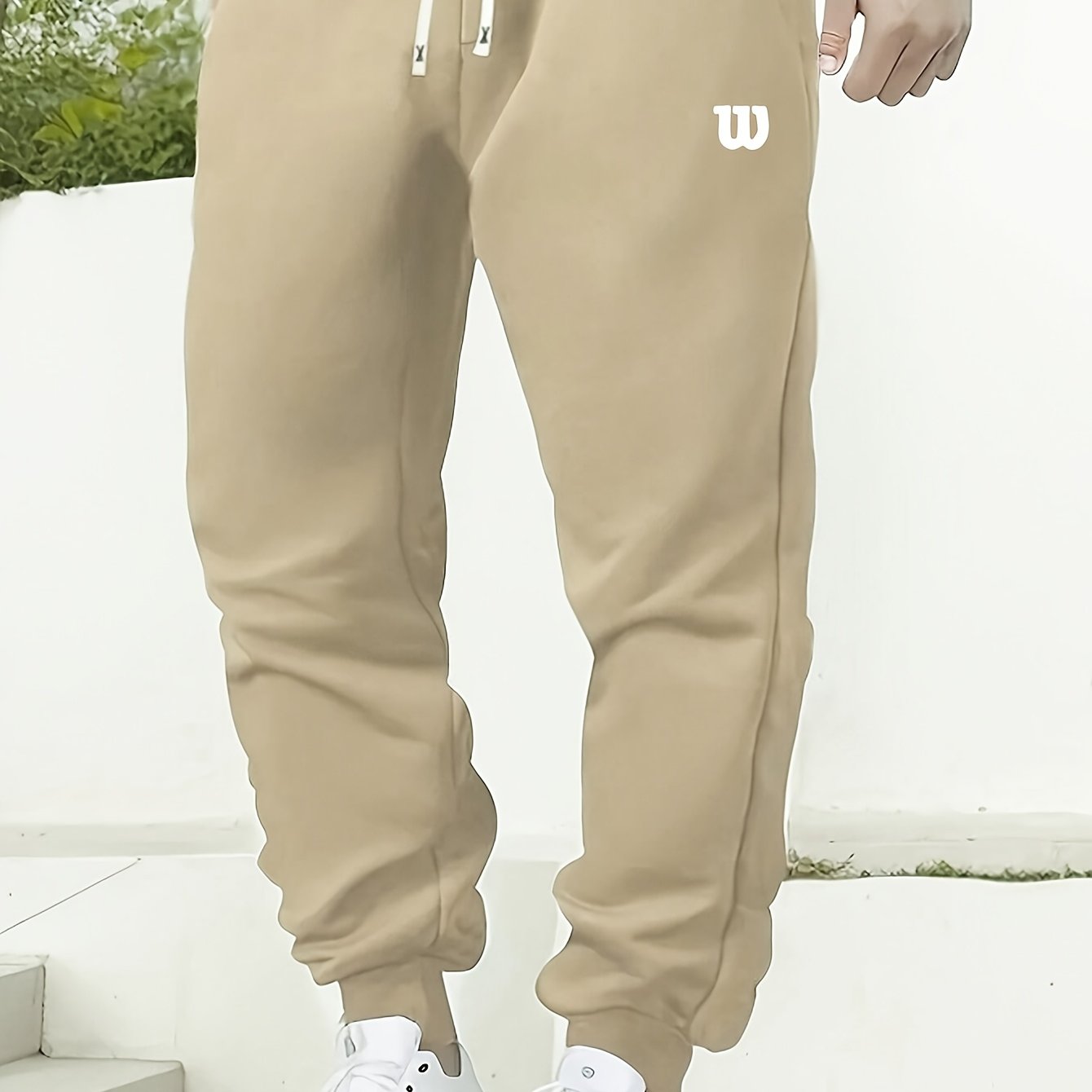 Men's plus size fleece-lined joggers with letter W print - cozy, stretchy athletic sweatpants for fall/winter.