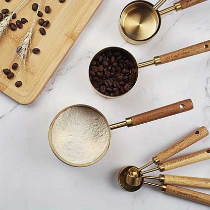 Set of 4 stainless steel measuring cups and 4 stainless steel measuring spoons with acacia wooden handles. Ideal for measuring dry and liquid ingredients when baking or cooking. Includes seasoning and powder spoons for added convenience in the kitchen.