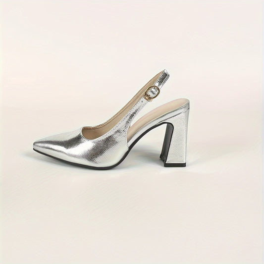 Widened fairy style silver high-heeled single shoe with pointed toe, one-word strap, backless design, and a touch of luxury for socialite sandals.