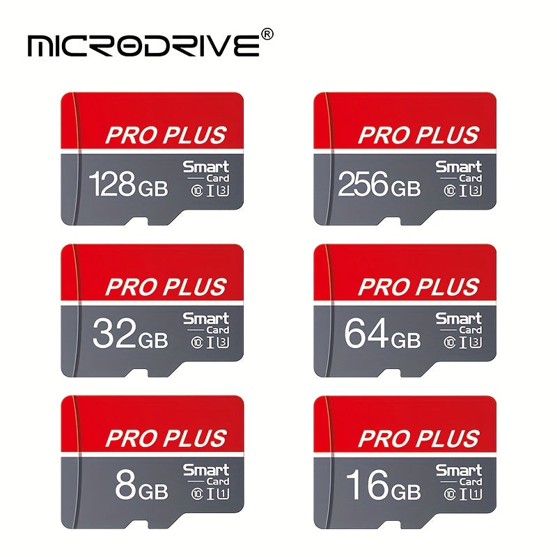 Карта памяти Microdrive Pro Plus класса 10 U3 с высокой скоростью в красном и сером цветах, доступная в размерах от 4 ГБ до 256 ГБ, предлагает надежную производительность для смартфонов, планшетов и других устройств.