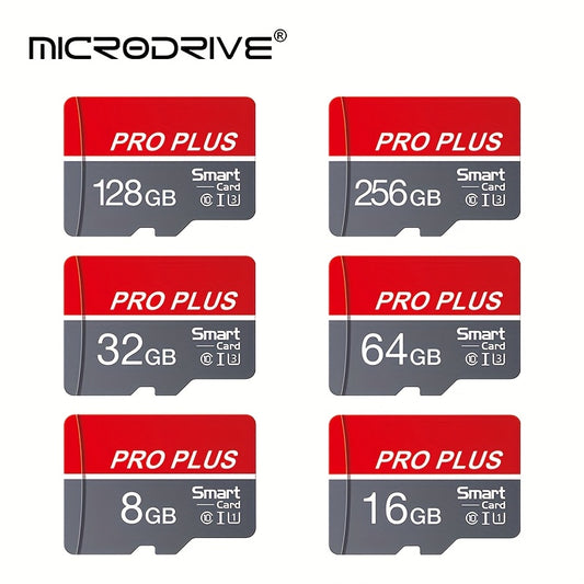 Qizil va kulrang rangdagi yuqori tezlikdagi Class 10 U3 Microdrive Pro Plus xotira kartasi, 4GB dan 256GB gacha bo'lgan o'lchamlarda mavjud bo'lib, smartfonlar, planshetlar va boshqa qurilmalar uchun ishonchli ishlashni ta'minlaydi.