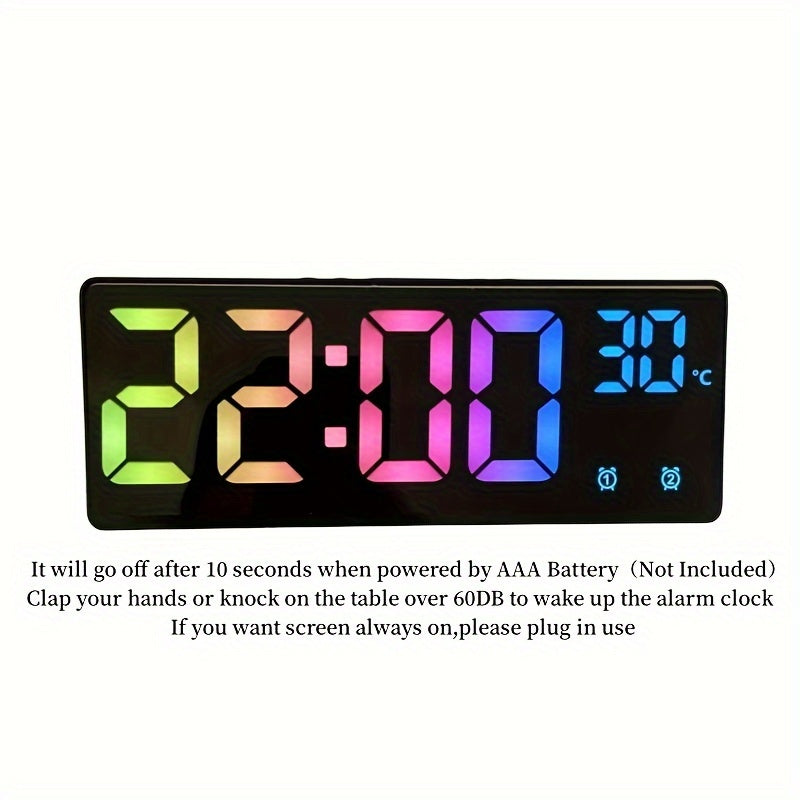 NieNie Digital Alarm Clock features voice control, dual alarm, night mode, adjustable brightness levels, snooze function, temperature and date display, USB powered, 12/24-hour time format, and a rectangular shape with a flat crown. The clock also has a