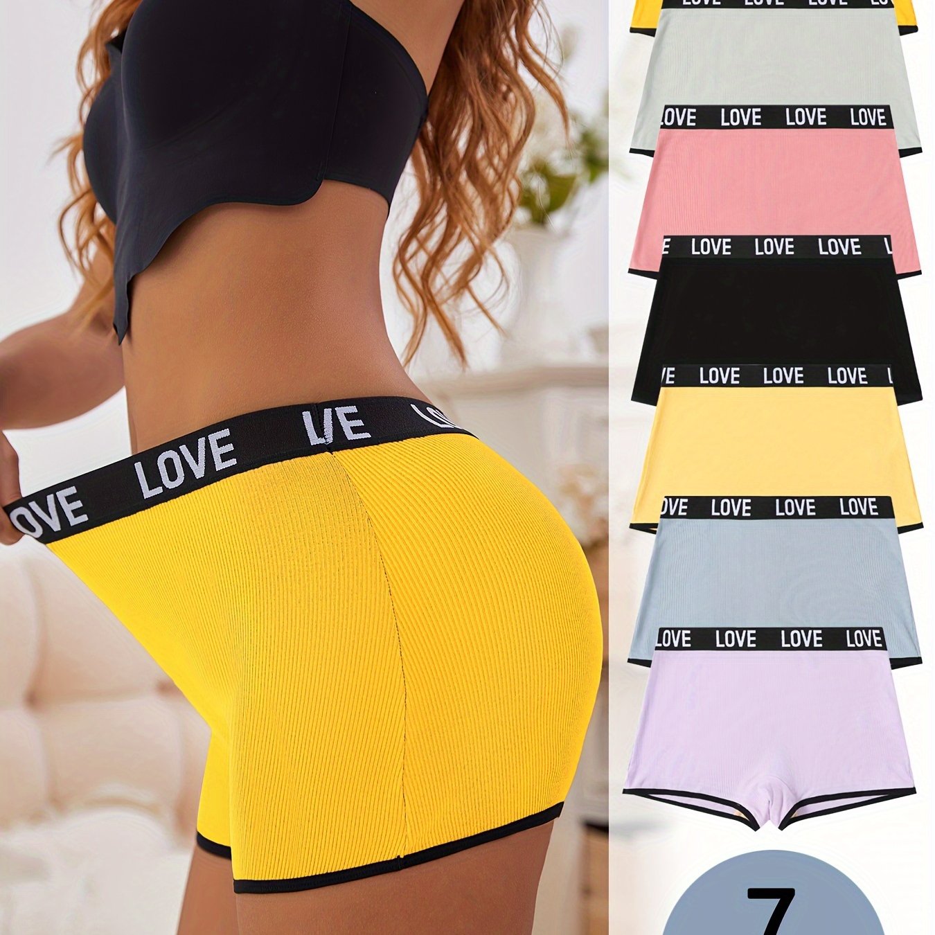 7 pieces of letter print boxer shorts with contrast trim, seamless and breathable for women's lingerie and underwear.