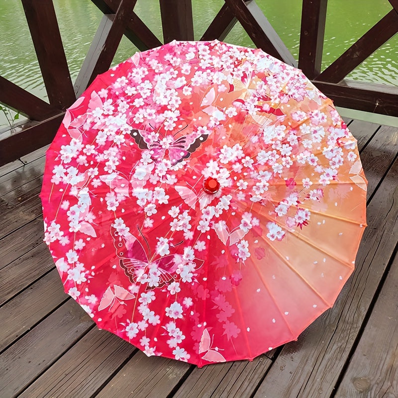 Chinese Flowers Parasol Umbrella with Cherry Blossom Sakura Floral Bamboo Handle for Sun and Rain Protection, Ideal for Weddings and Parties.