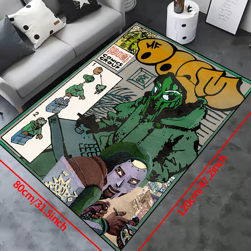 Vibrant 'Green Toy Building Blocks Comics' Non-Slip Area Mat - Available in Multiple Sizes for Living Room, Bedroom, Nursery, Entryway, and Outdoor Spaces. Made of Durable Polyester Material, Machine Washable. Perfect Addition to Your Home Decor!