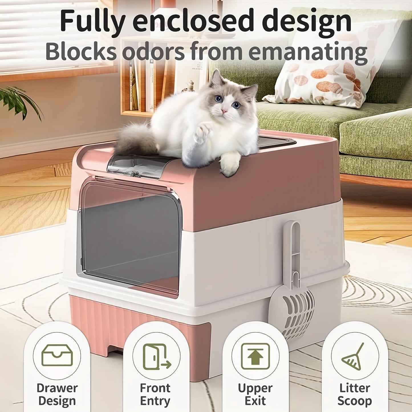 Large polypropylene cat litter box with odor-resistant design, leak-proof top entry, easy-clean drawer, dual-door, vent control, and lid for cats up to 6.8 KG