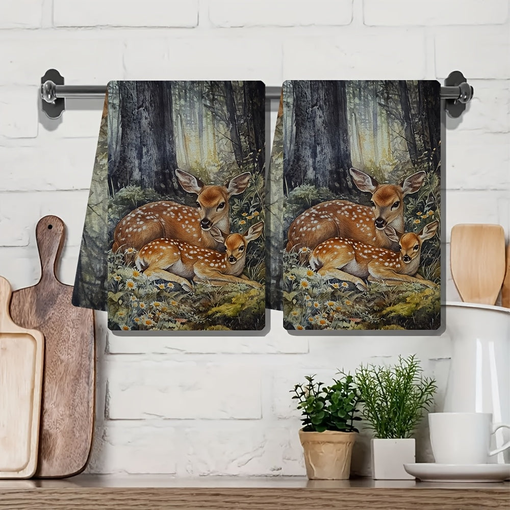 Set of 2 Coastal Style Kitchen Towels featuring a Contemporary Polyester Knit Fabric. These towels are Super Absorbent, Machine Washable, and measure 40.64x60.96 cm. They are Decorative Dish Hand Towels with a Serene Deer and Fawn Design.