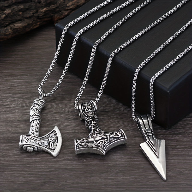 Men's Viking Necklace Set with 3 Pieces - includes Viking Hammer, Nordic Compass, Celtic Knot, Wolf Axe Pendants. This Nordic Amulet Pendant Necklace makes the perfect holiday jewelry gift.