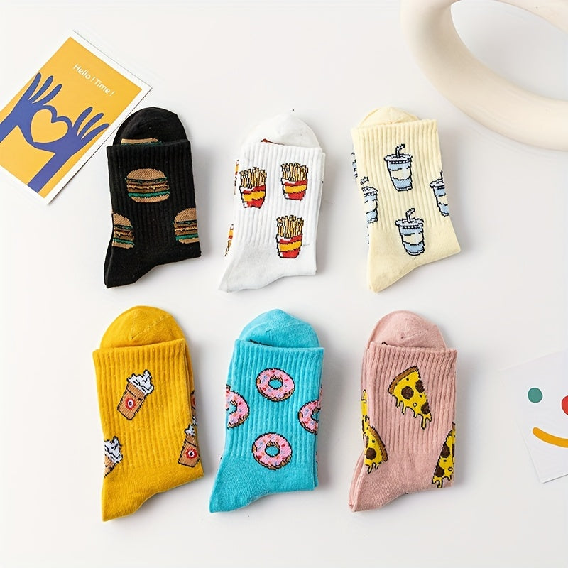 Cute and funny cartoon food print socks for women, 6 pairs in mid-tube style.