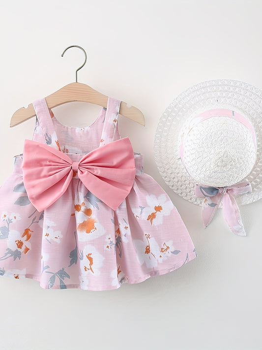 Summer dress with flower print, big bow, and matching hat set for baby girls.