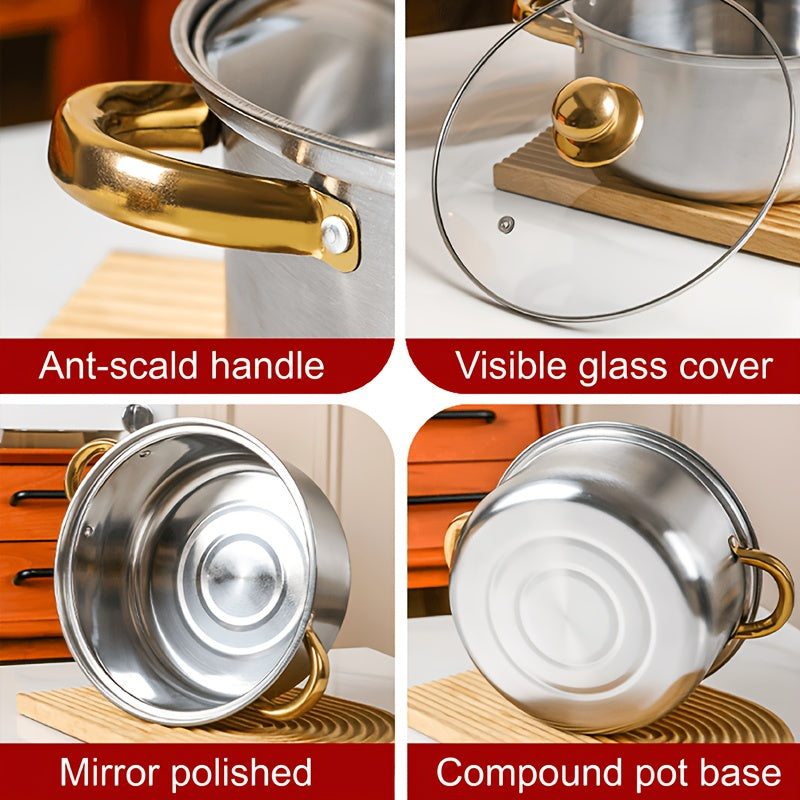 This set includes 10 high-quality stainless steel cookware pieces, featuring durable kitchen pots with double handles and matching lids. These versatile pots are ideal for cooking a variety of dishes such as soup, stew, pasta, and seafood, making them