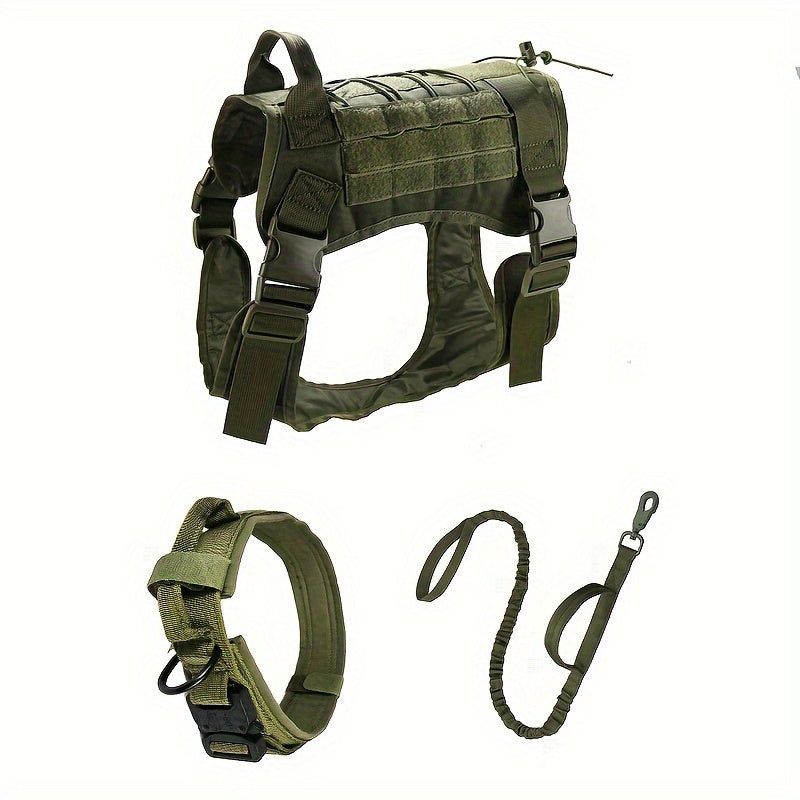 Adjustable nylon tactical dog harness with leash for large dogs in olive green camo pattern. Features multiple pockets and buckles, includes tactical collar and leash for outdoor adventures.