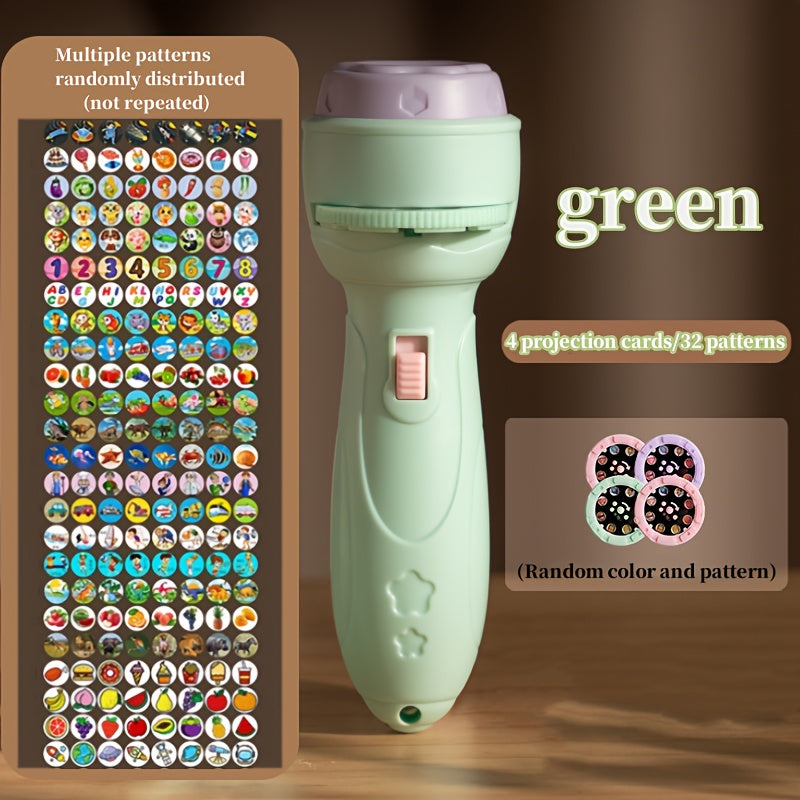 Children's projector toy for educational learning featuring dinosaur, ocean, and fruit patterns in pink, purple, green, and yellow.