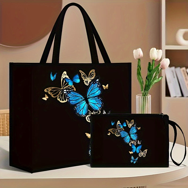 2-piece set consisting of a canvas tote bag with wallet, featuring butterfly and floral print, foldable and durable, fixed shoulder straps, polyester lining, kiss lock closure, geometric