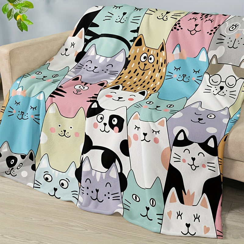 Soft and warm 1pc Cozy Cartoon Cat & Animal Letter Print Flannel Blanket made of high-weight polyester. Handwash only. Provides all-season comfort in vibrant mixed colors.