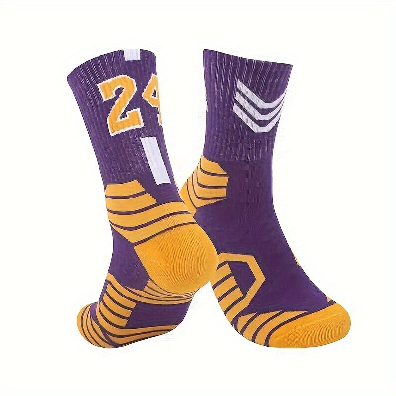 9 pairs of men's trendy basketball socks with 23 & 24 number print, providing comfort, breathability, and shock absorption for outdoor activities.