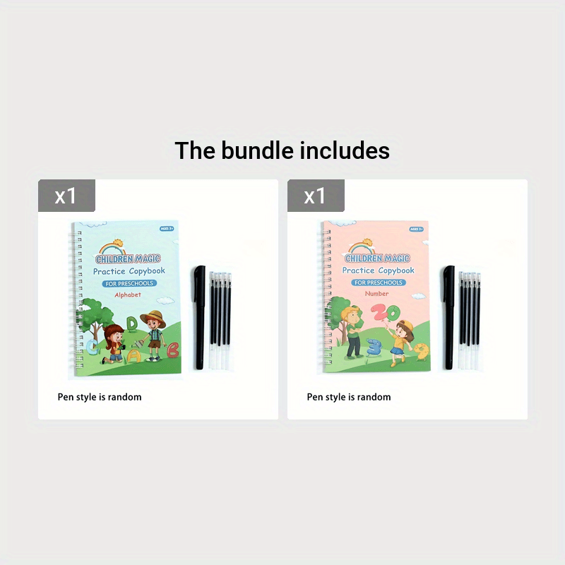 Kids Educational Writing Practice Set includes spiral bound copybook with pen for preschoolers to learn alphabet, numbers, and addition for early literacy and math skills development.