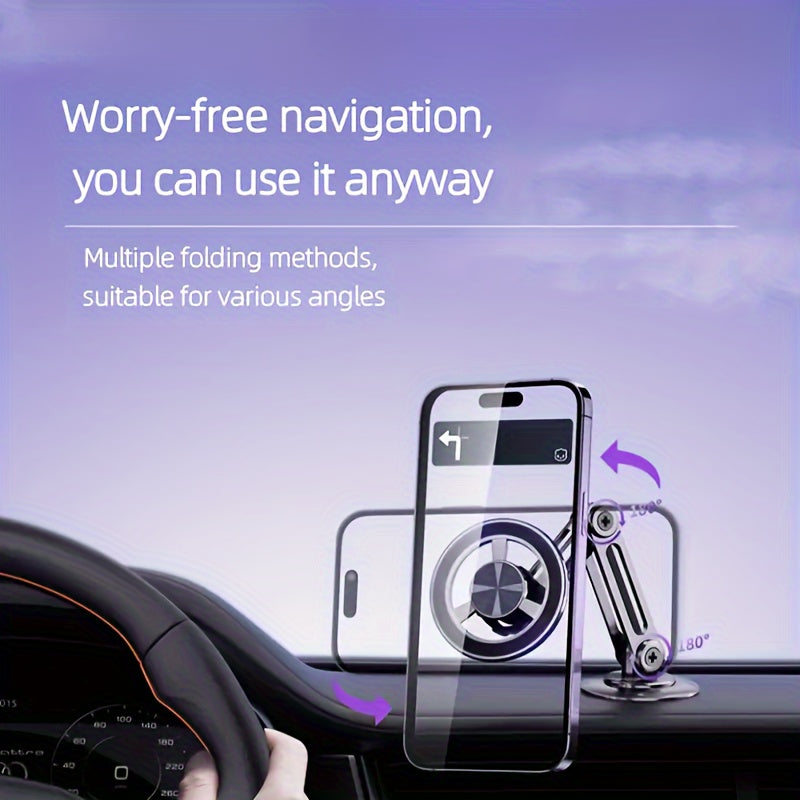 Aluminum Alloy Magnetic Car Phone Holder: Foldable, 360° Rotatable Dashboard Mount with Strong Nano Adhesive.