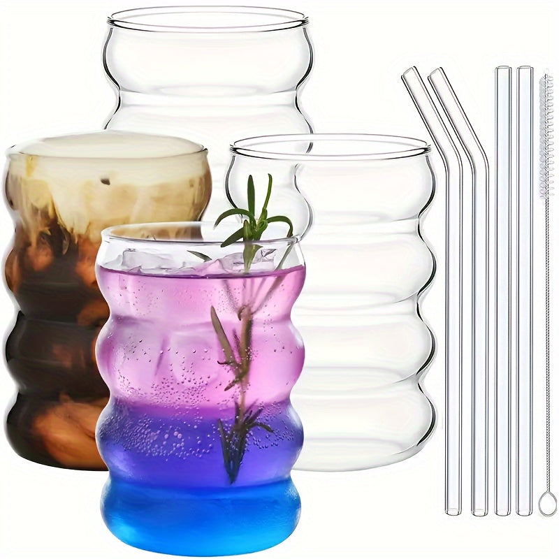 4pcs Caterpillar glass cups with straws, ideal for water, coffee, juice, milk, tea, and more. Suitable for both summer and winter. Made of high borosilicate glass.