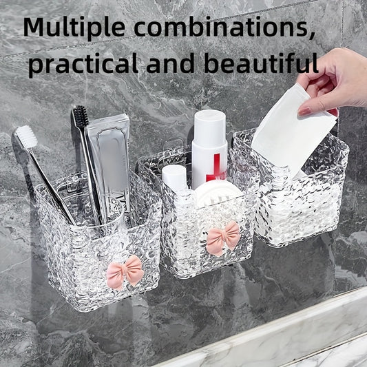 Set of 1/2/3 Acrylic Hanging Storage Bins with Embossed Pattern for Bathroom & Kitchen. Perfect for organizing toothbrushes, toothpaste, makeup, and can be wall-mounted or used on tabletops. Made of plastic.