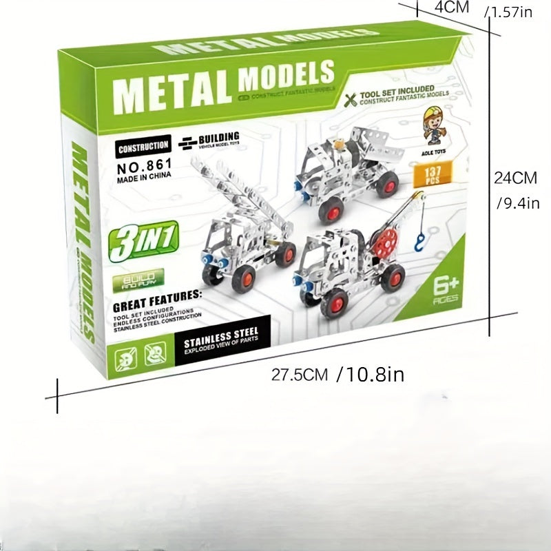 137-piece 3-in-1 Engineering Car Model Kit - Metal building blocks for hands-on learning, ideal gift for kids.