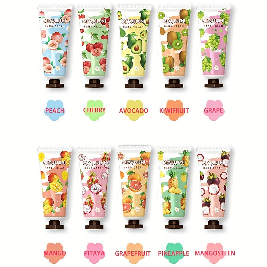 10-piece set of fruit and plant-based hand creams, alcohol-free with vitamin E and glycerin for non-greasy daily moisturizing, ideal for dry skin in fall and winter.