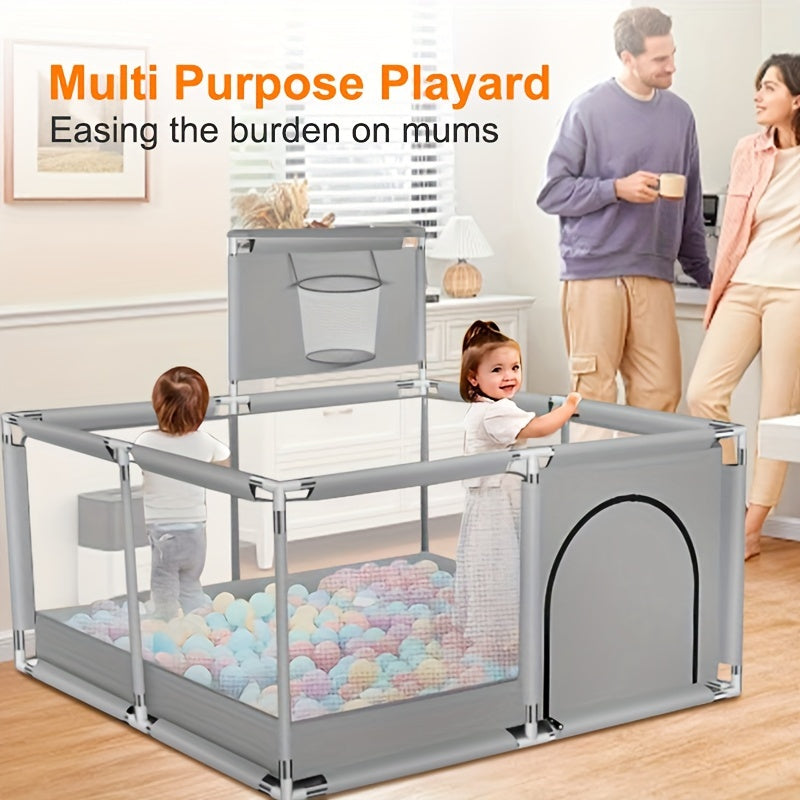 Baby playpen with a basketball hoop, guardrail, and square shape, designed for children to play and learn indoors. Includes a climbing mat for added fun and safety.