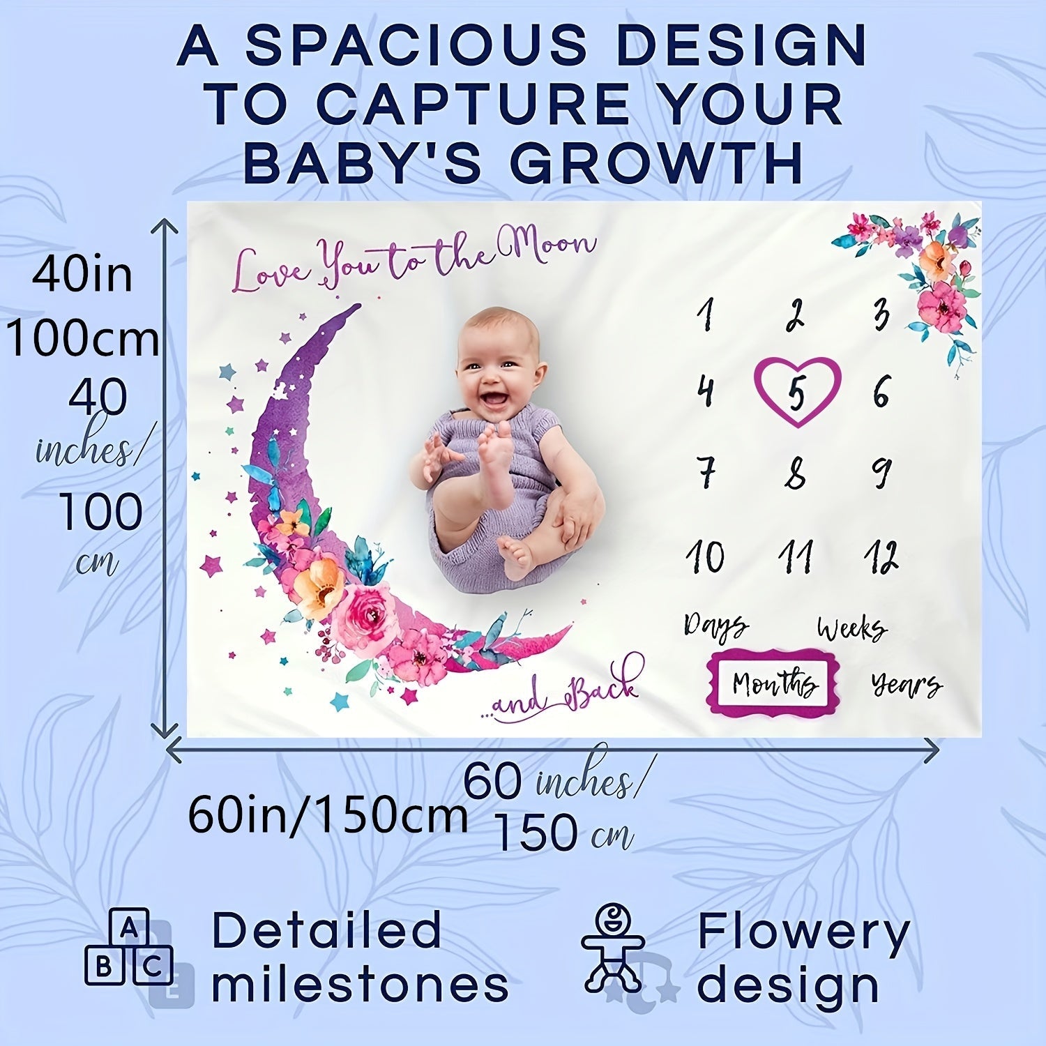 Keep track of your little girl's first year growth with the Moon Baby Monthly Calendar on this Extra Large Photography Baby Blanket! The perfect Christmas, Halloween, or Thanksgiving Day gift for new parents.