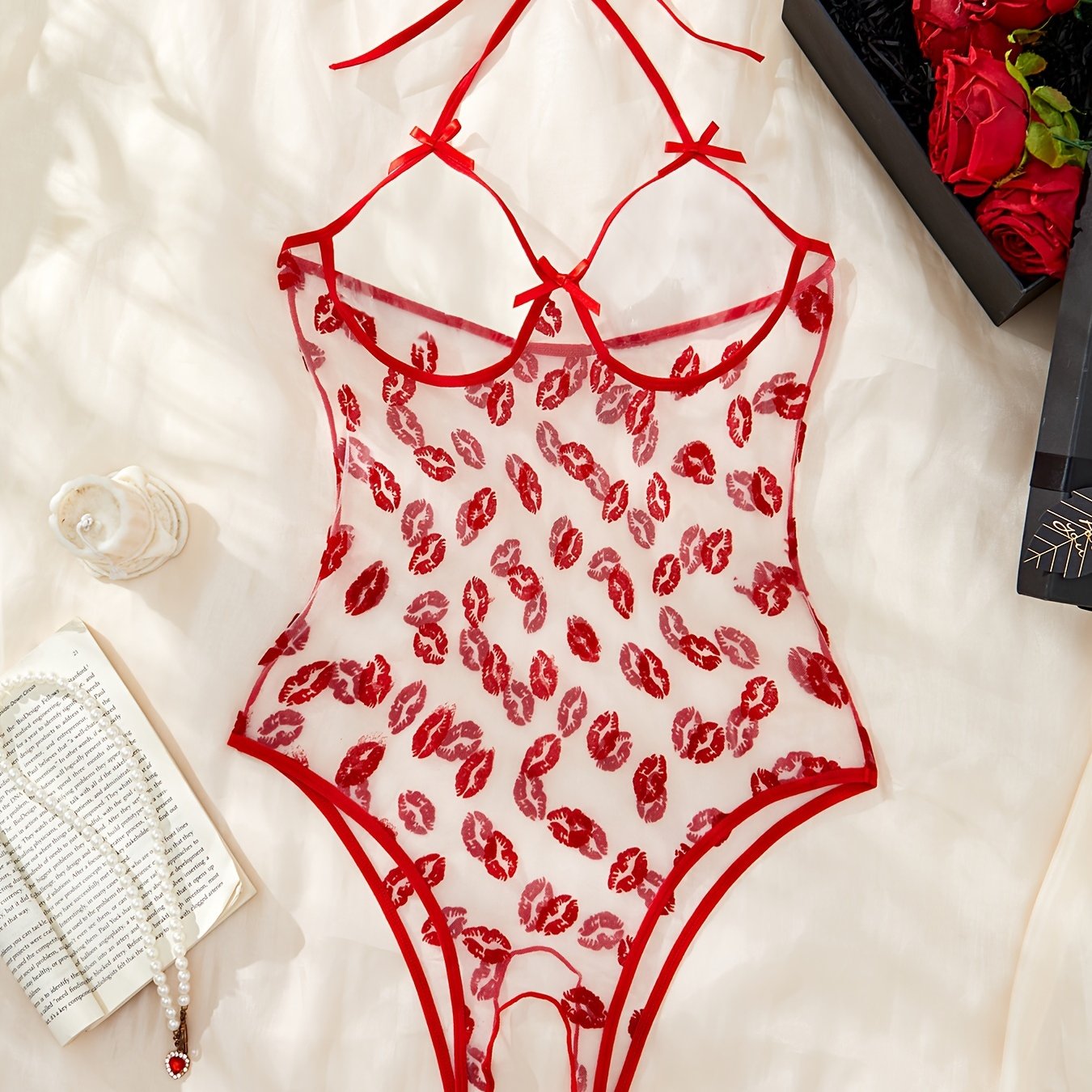 Red Lip Print Bodysuit with Open Crotch for Women