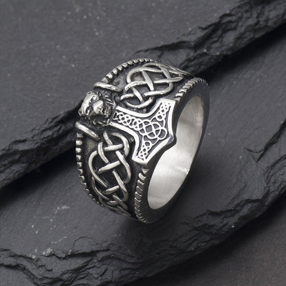 Men's Vintage Lion Head Thor's Hammer Ring - 316 Stainless Steel, Fashionable Amulet Jewelry