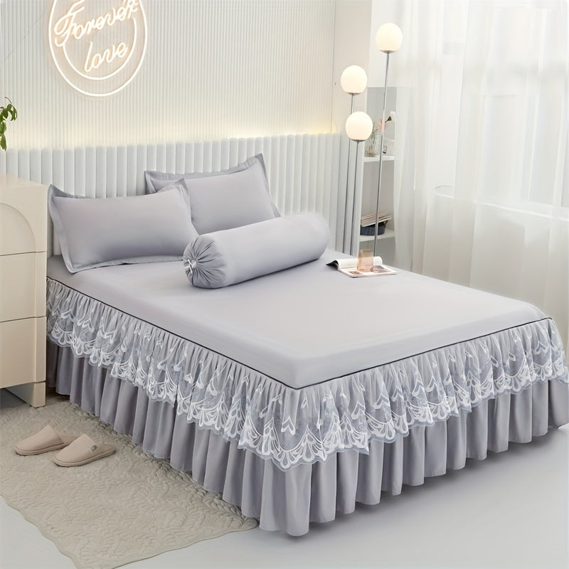 Chic 3-Piece Bed Skirt Set Featuring Double Layer Lace - Comes with 1 Bed Skirt and 2 Pillowcases, in a Solid Color. Non-Slip and Perfect for All Seasons, this Set is Machine Washable for easy care.