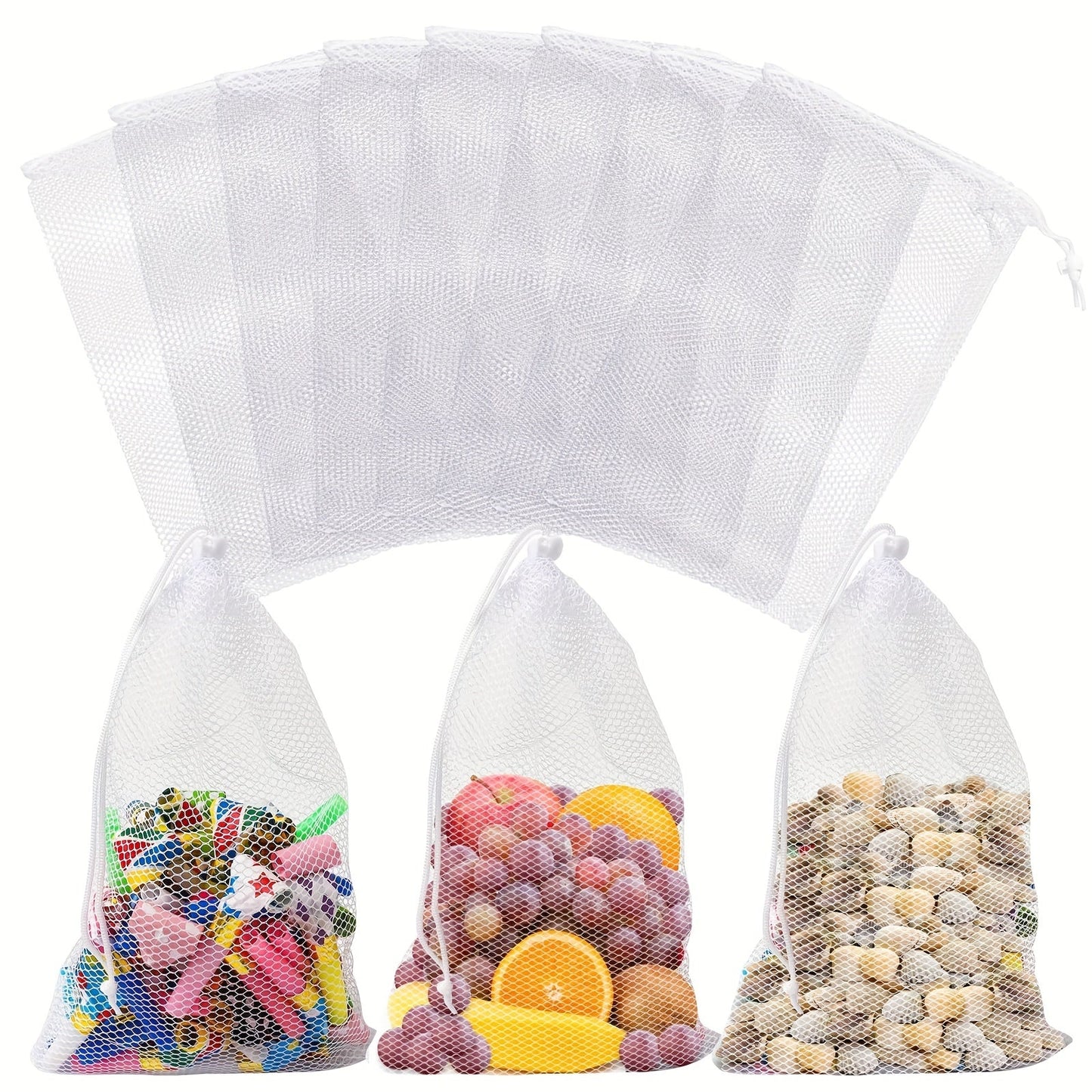 Mesh bags are available in packs of 5 or 10, each measuring 30.48 x 40.64 cm. These reusable agricultural product bags are perfect for grocery shopping and are made of drawstring polyester with double seam tare weight. They are ideal for storing