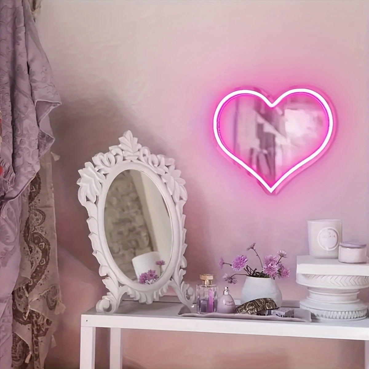 Pink Heart Neon Mirror: Wall-mounted, USB-powered plastic mirror with switch control for versatile use.