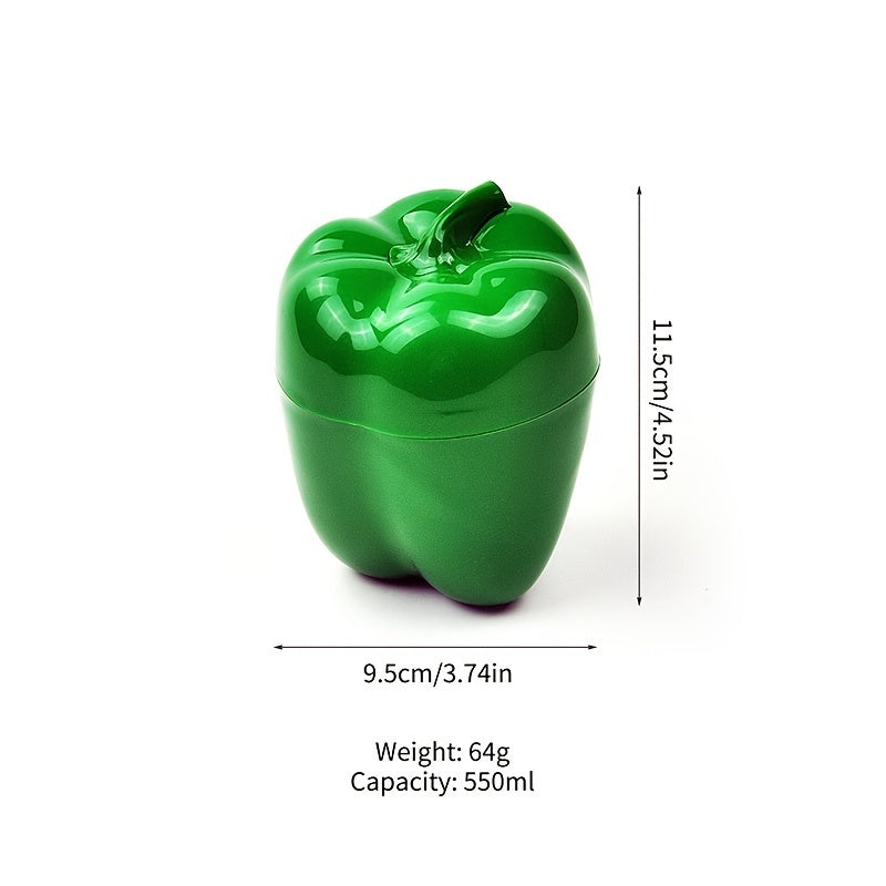 Food storage container in the shape of a green pepper, made of reusable and hand-washable plastic with a flip-top lid. Perfect for storing fresh veggies and other items in the kitchen. Can be used as a multifunctional organizer on the countertop.