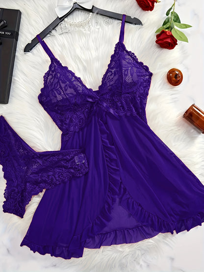 Sexy lace lingerie set for women includes polyester deep V-neck babydoll with ruffle hem, sheer bow-knot shorts, and G-string. Perfect for exotic sleepwear and undergarments.