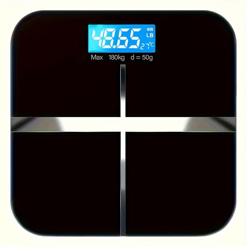 High-precision digital body scale for adults in sleek black design with 176.9KG capacity, extra wide platform, large easy-read backlit LCD display, and battery-operated (batteries not