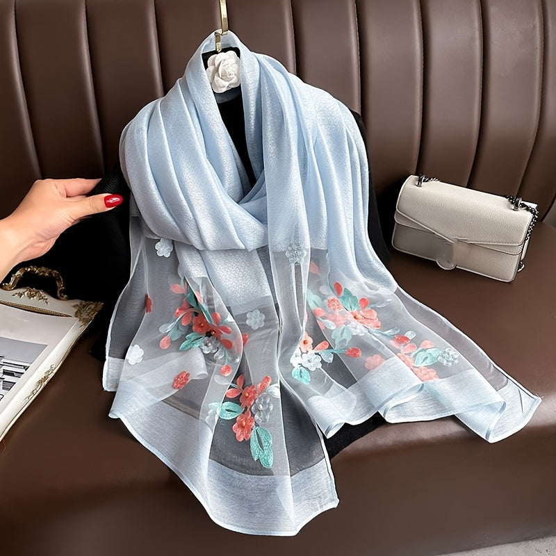 Thin breathable Chinese-style embroidered flower scarf for casual elegance and sun protection.