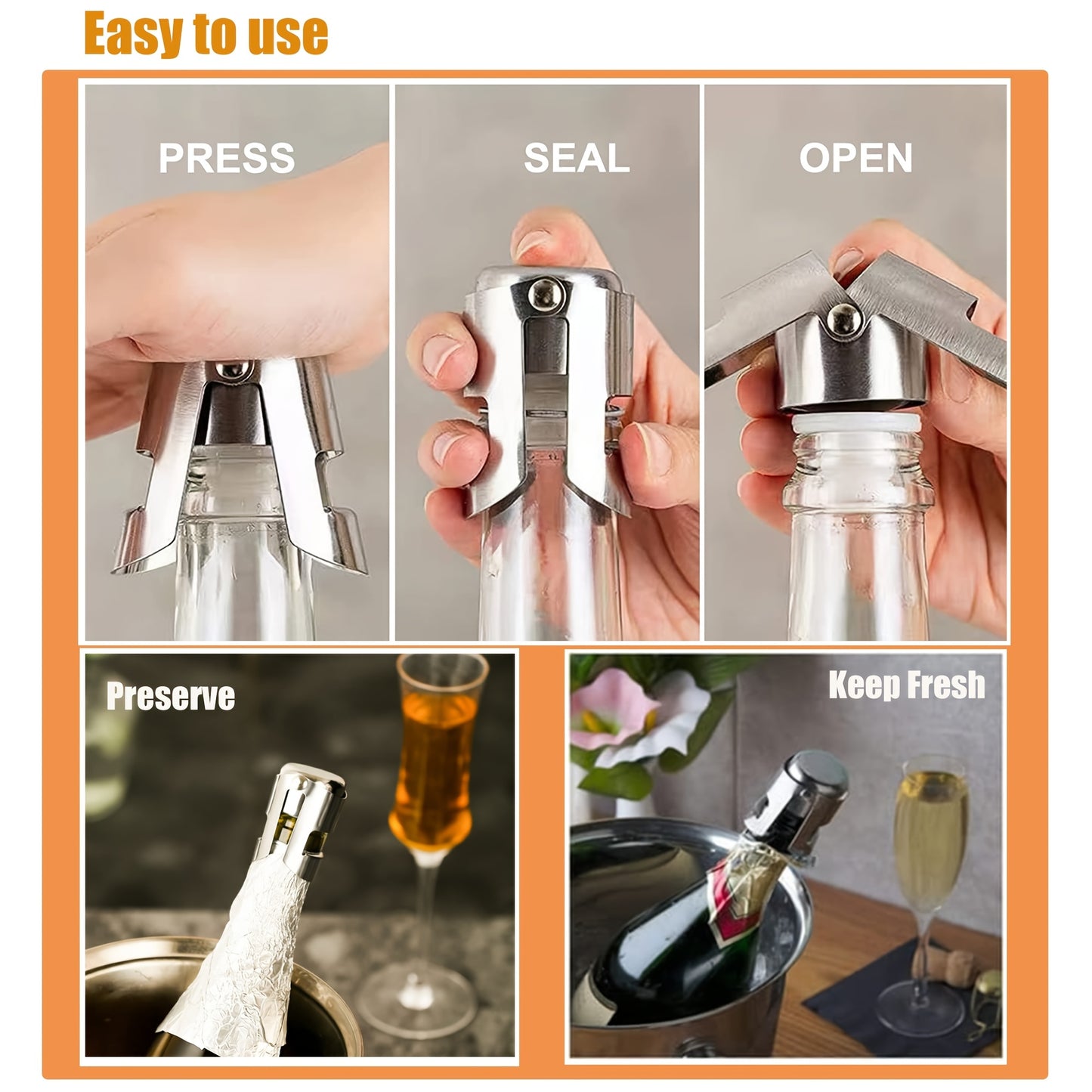 Stainless Steel Champagne Stopper for Preserving Wine, Gift Set of 1 or 2 Pieces