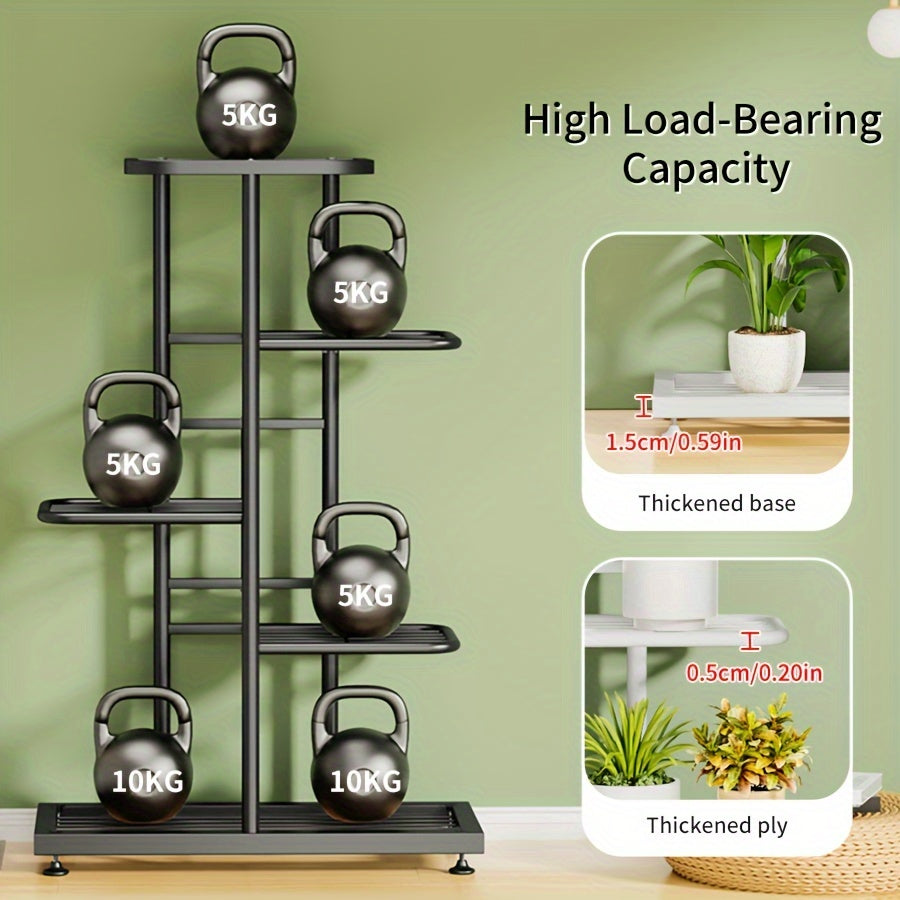 Iron plant stand with 5 layers for organizing and displaying flowers and pots in the home garden.