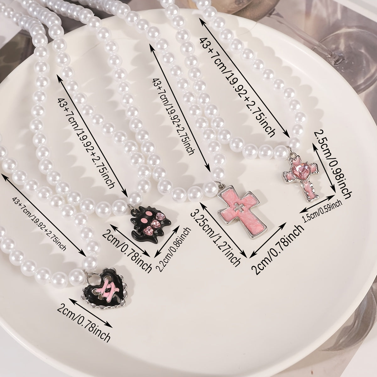 Y2K-Inspired Women's Necklace Set with Faux Pearl, Pink Monster, Heart & Cross Pendants - Includes 4 Pieces for Daily or Party Wear - Ideal Gift for Friends or Girlfriends, Random Style