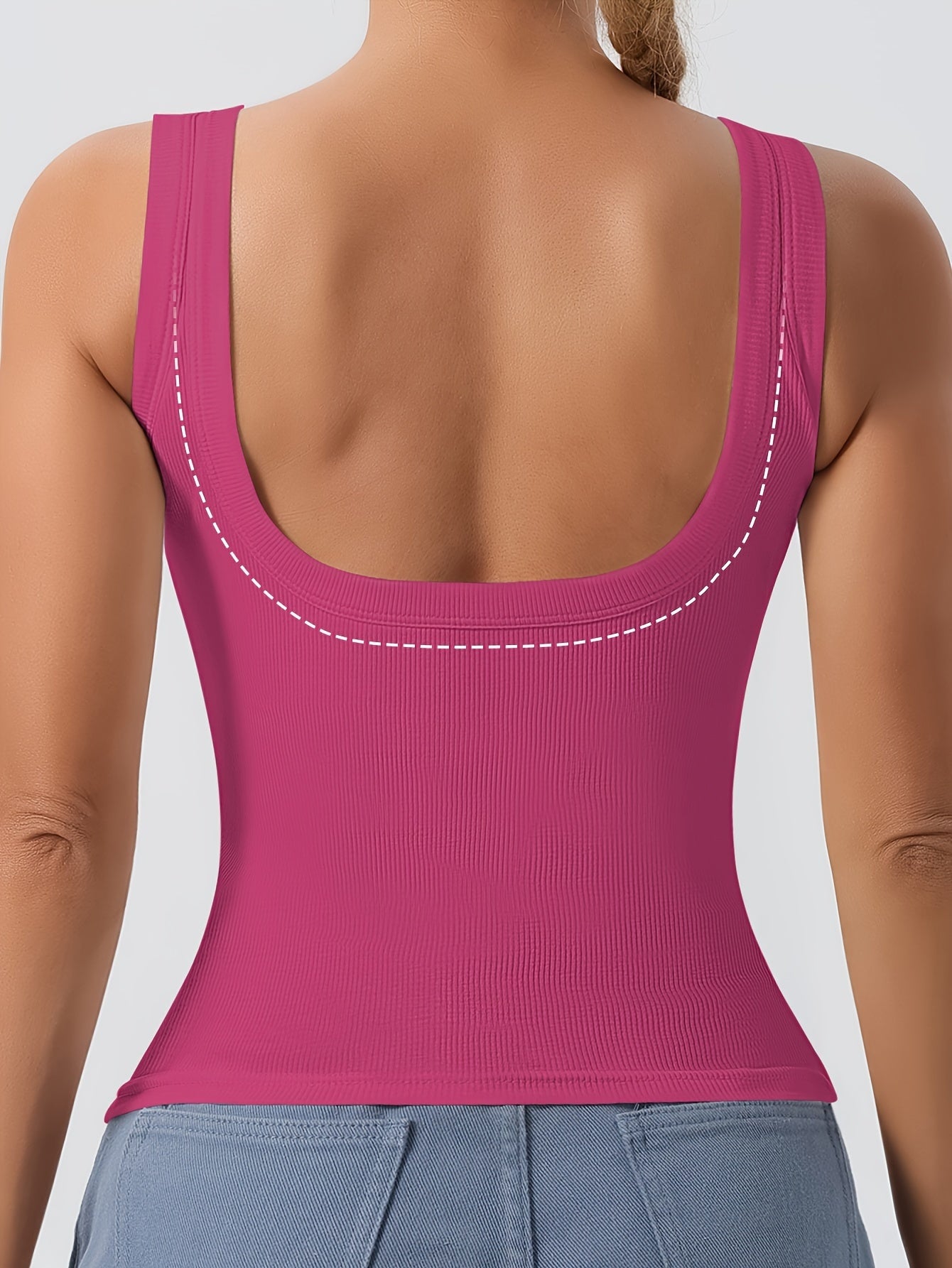 Solid scoop neck tank top with removable chest pad, perfect for summer.