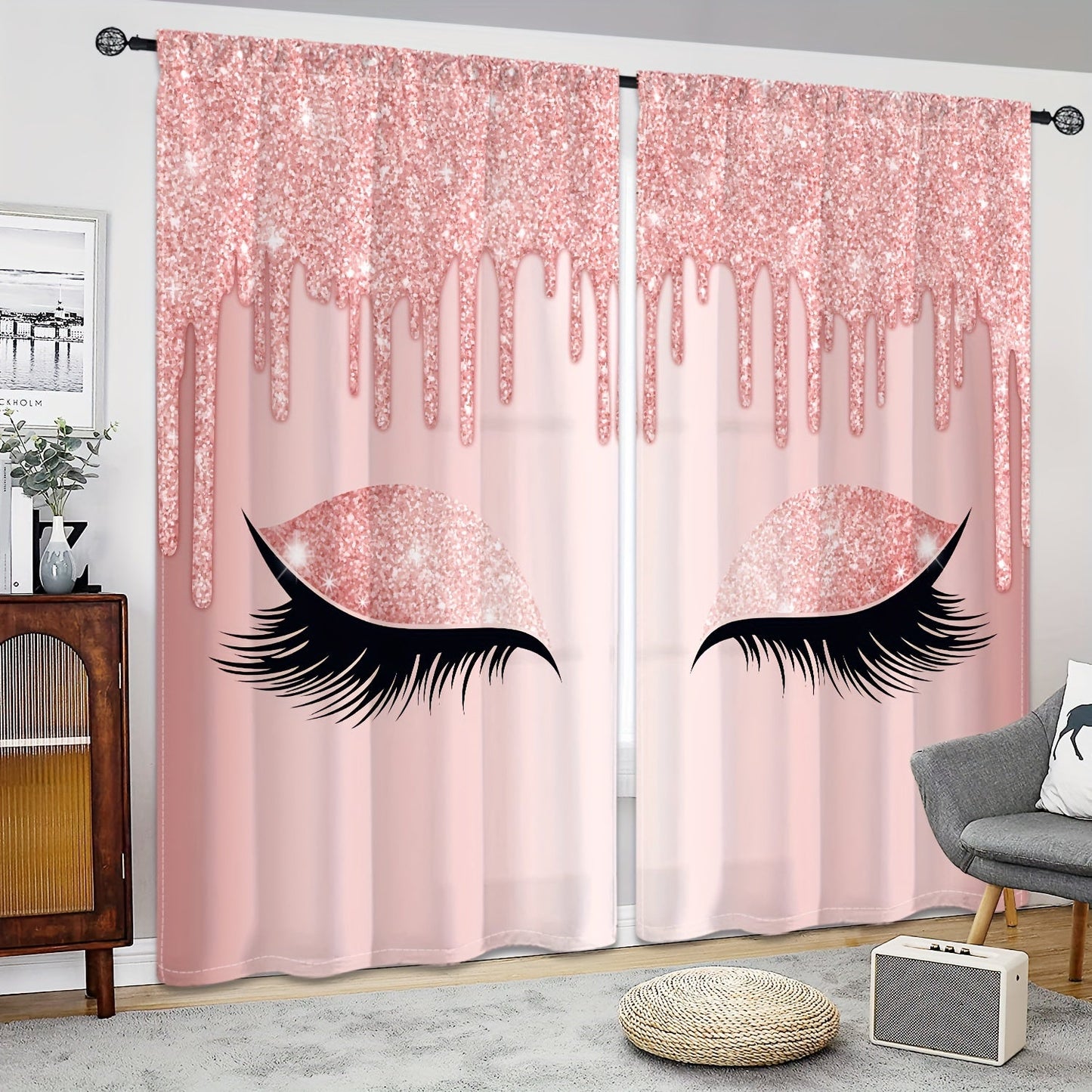 Set of two Eyelash Printed Curtains, Rod Pocket Window Treatments ideal for Bedroom, Office, Kitchen, Living Room, Study, and Home Decor. Enhance your room with stylish and aesthetic decorative curtains.