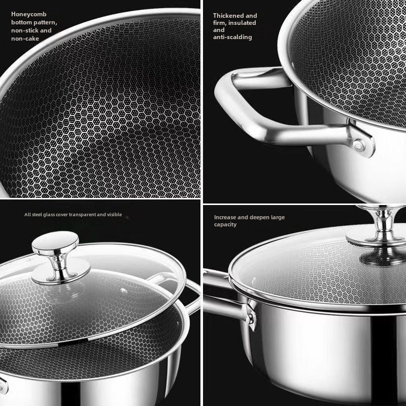 Large capacity stainless steel stockpot with honeycomb design, non-coated and non-stick, ideal for use as a double boiler or universal hot pot on induction cookers.