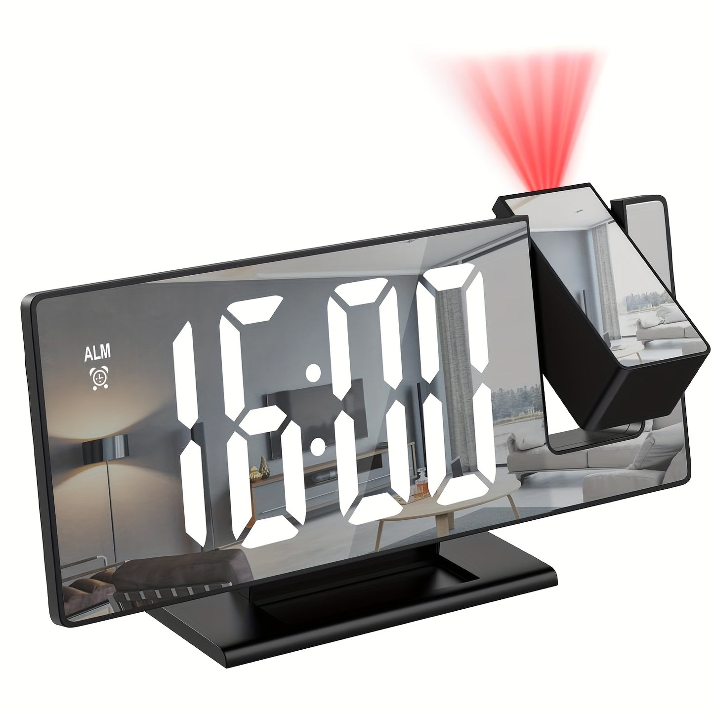 Adjustable LED projection alarm clock with snooze, temperature display, mirror design, USB powered. Suitable for bedroom, home office, or living room. Features black rectangular frame, high-definition display, night mode, memory function. Ideal for