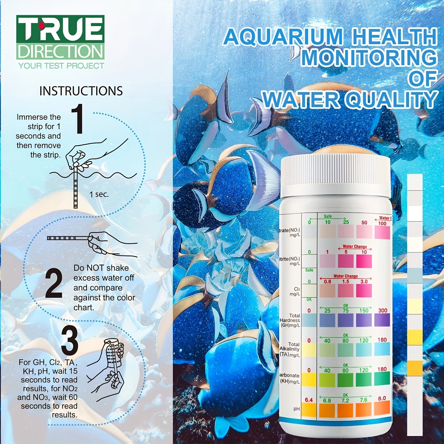 7-Way Aquarium Pool & SPA Test Strips for freshwater and saltwater fish tanks, ponds. Tests PH, Alkalinity, Nitrite, Nitrate, Chlorine, Carbonate, Hardness.